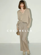 COCOBELLA Soft V Neck Knit Straight Fit Bell Sleeve Workwear Women Wool Blend Sweater