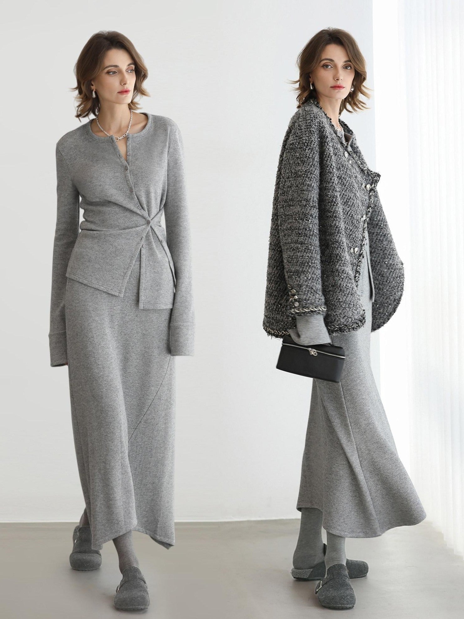 COCOBELLA Soft Viscose Blend Asymmetric Cardigan Women Office Long Sleeve Mist Gray Shirts