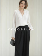 COCOBELLA Soft Viscose Blend Loose Fit V Neck Long Sleeve Button Topstitch Women T-Shirts