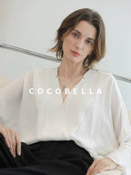 COCOBELLA Soft Viscose Blend Loose Fit V Neck Long Sleeve Button Topstitch Women T-Shirts