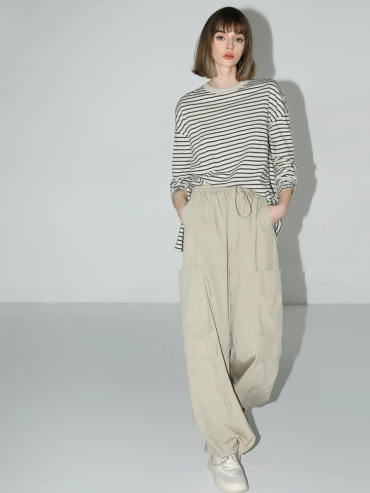COCOBELLA Soft Viscose Nylon Blend Pocket Cargo Wide Leg Natural Waist Women Khaki Pants