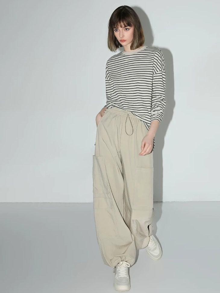 COCOBELLA Soft Viscose Nylon Blend Pocket Cargo Wide Leg Natural Waist Women Khaki Pants