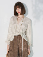 COCOBELLA Soft Viscose Ruched Asymmetric Jacquard Loose Fit Women Long Sleeve T-Shirts
