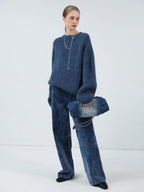 Soft Washed Cotton Wide Leg Elastic Waist Vintage Work Women Denim Blue Pants