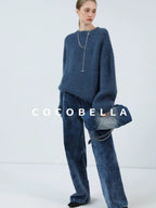 Soft Washed Cotton Wide Leg Elastic Waist Vintage Work Women Denim Blue Pants