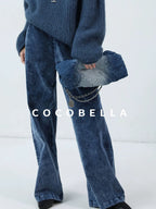 Soft Washed Cotton Wide Leg Elastic Waist Vintage Work Women Denim Blue Pants