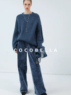 Soft Washed Cotton Wide Leg Elastic Waist Vintage Work Women Denim Blue Pants