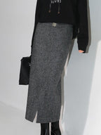 COCOBELLA Soft Wool Blend Belted Slit Herringbone Ol Straight Office Ladies Skirts