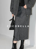 COCOBELLA Soft Wool Blend Belted Slit Herringbone Ol Straight Office Ladies Skirts