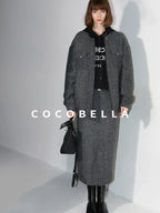 COCOBELLA Soft Wool Blend Belted Slit Herringbone Ol Straight Office Ladies Skirts