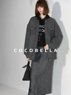 COCOBELLA Soft Wool Blend Belted Slit Herringbone Ol Straight Office Ladies Skirts