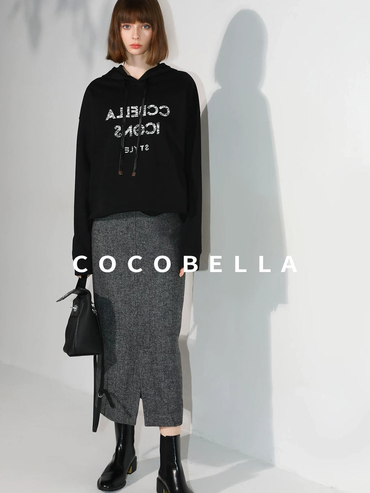 COCOBELLA Soft Wool Blend Belted Slit Herringbone Ol Straight Office Ladies Skirts