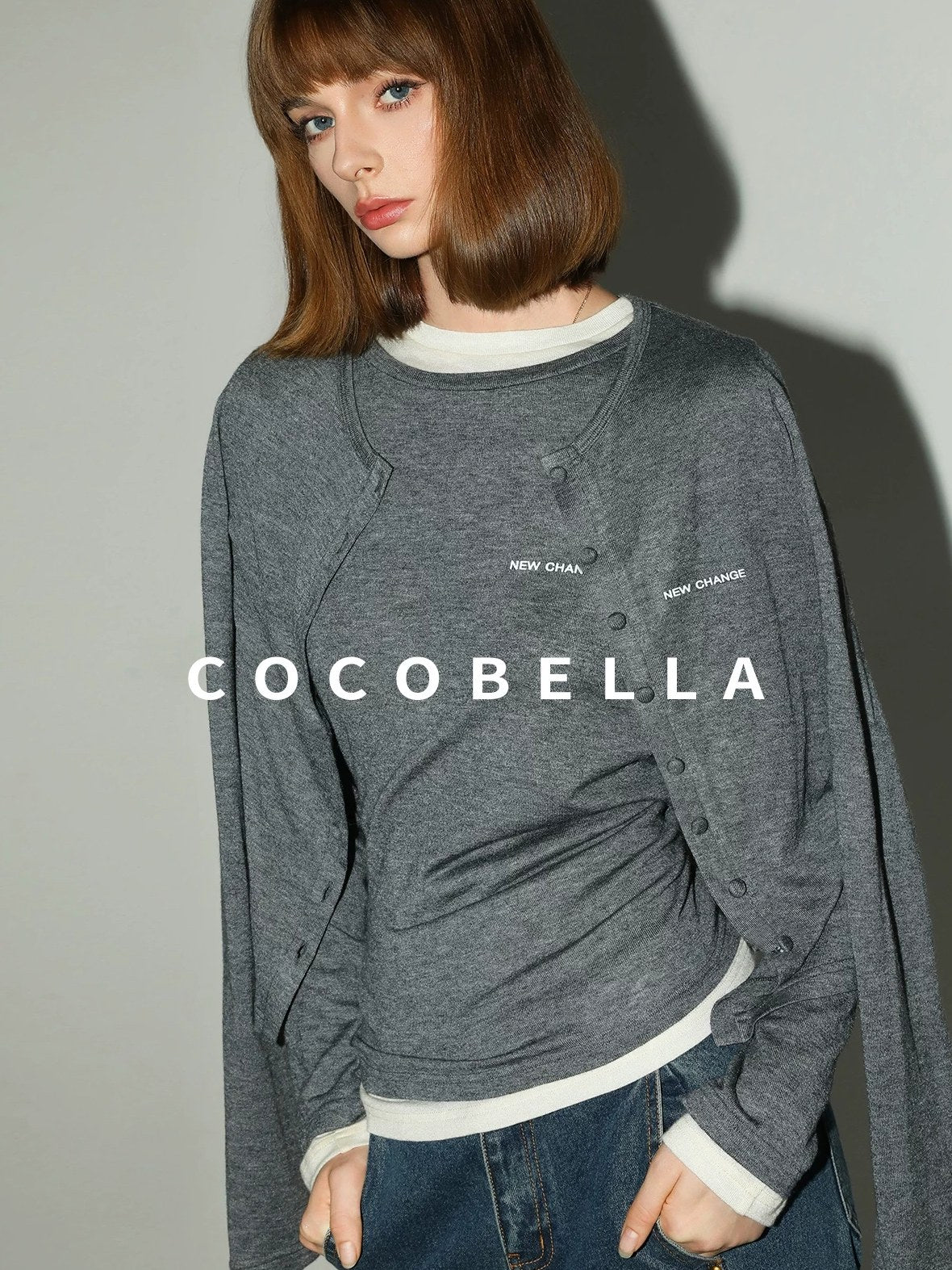COCOBELLA Soft Wool Blend Colorblock Crewneck Straight Commuter Letter Long Sleeve Shirts