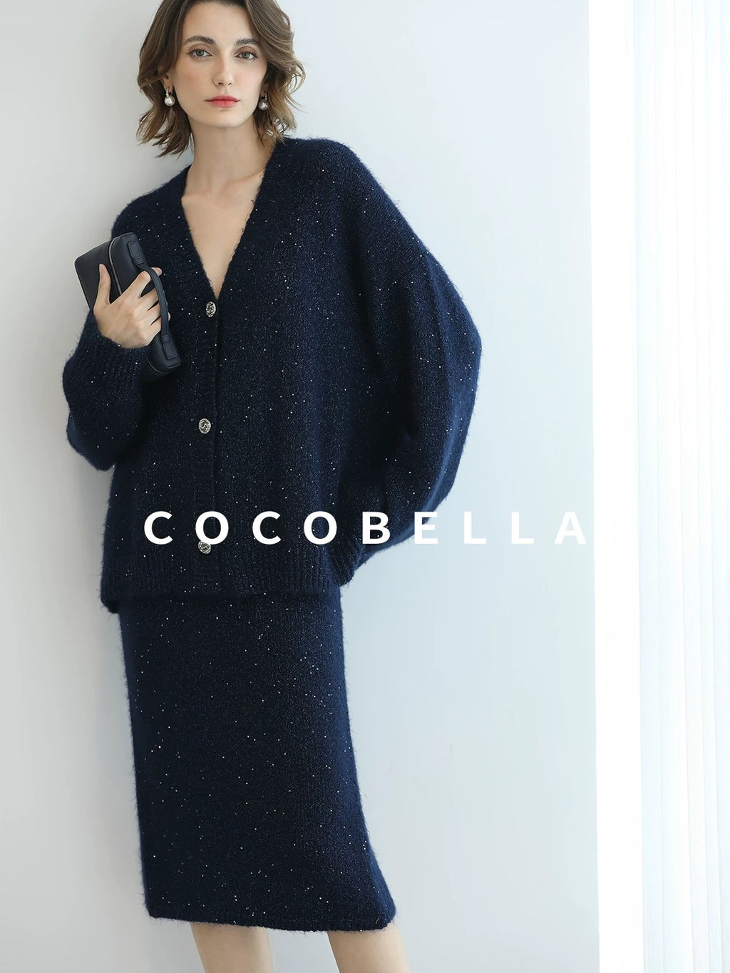COCOBELLA Sparkle Button Loose Fit Commuter Cardigan Womens Navy Lurex Sequin Sweater