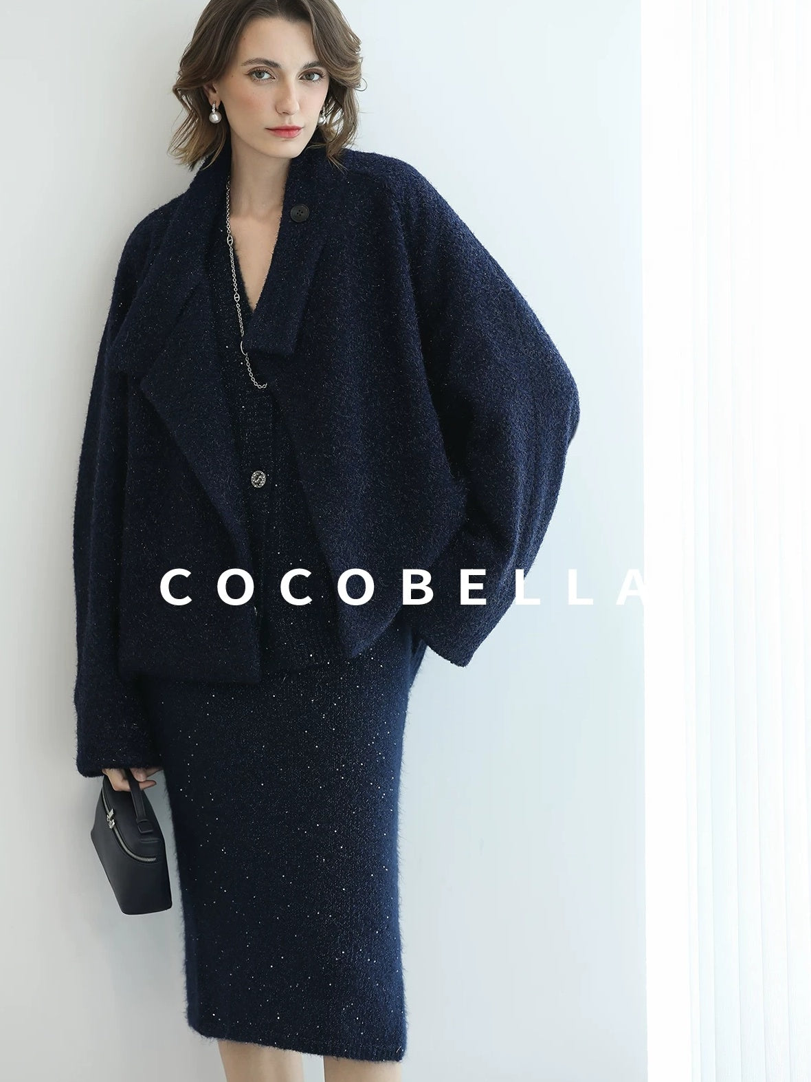 COCOBELLA Sparkle Button Loose Fit Commuter Cardigan Womens Navy Lurex Sequin Sweater