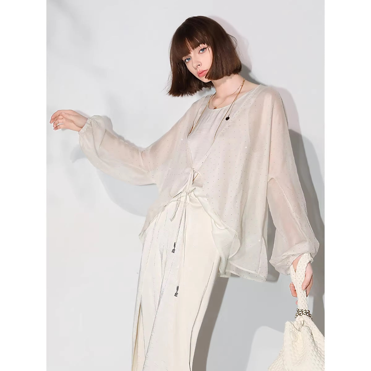 COCOBELLA_Sparkling_Rhinestone_Tie_French_Loose_V_Neck_Lantern_Sleeves_Knit_Sweater_MISSTT