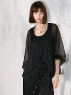COCOBELLA Sparkling Rhinestone Tie French Loose V Neck Lantern Sleeves Knit Sweater