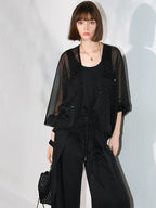 COCOBELLA Sparkling Rhinestone Tie French Loose V Neck Lantern Sleeves Knit Sweater
