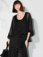 COCOBELLA Sparkling Rhinestone Tie French Loose V Neck Lantern Sleeves Knit Sweater