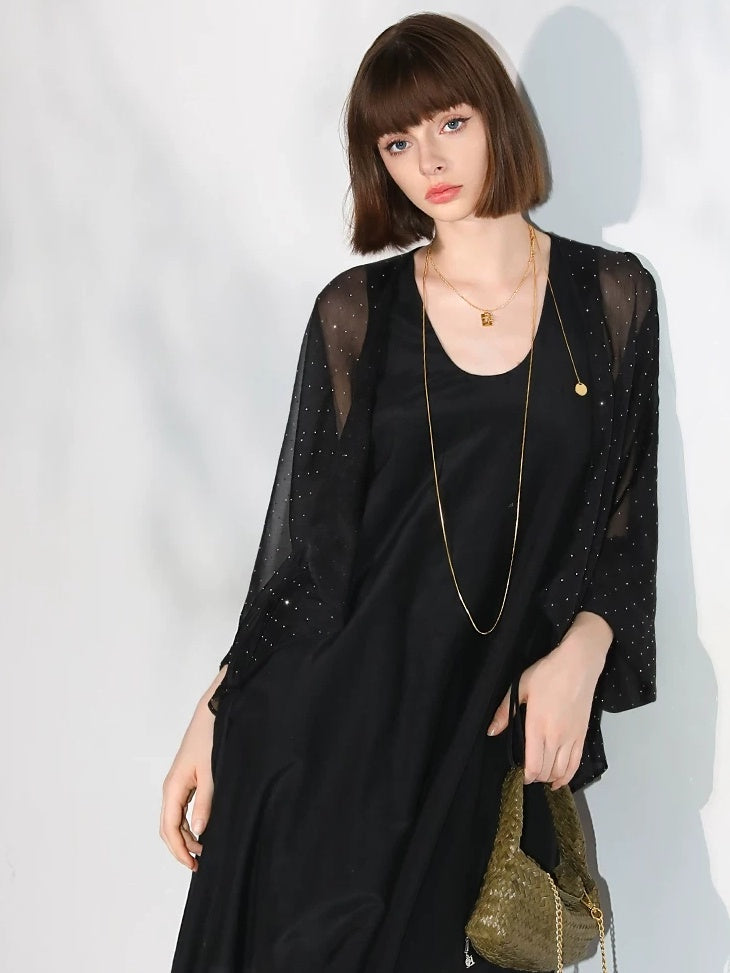 COCOBELLA Sparkling Rhinestone Tie French Loose V Neck Lantern Sleeves Knit Sweater