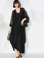 COCOBELLA Sparkling Rhinestone Tie French Loose V Neck Lantern Sleeves Knit Sweater