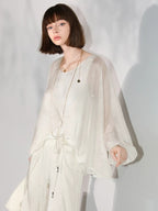 COCOBELLA Sparkling Rhinestone Tie French Loose V Neck Lantern Sleeves Knit Sweater