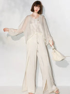 COCOBELLA Sparkling Rhinestone Tie French Loose V Neck Lantern Sleeves Knit Sweater