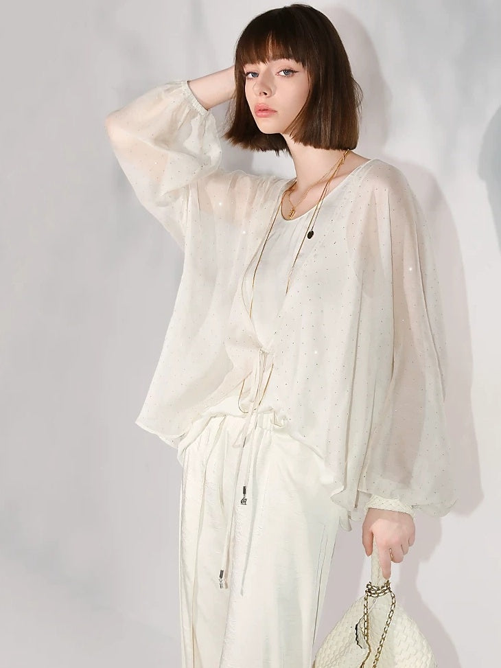 COCOBELLA Sparkling Rhinestone Tie French Loose V Neck Lantern Sleeves Knit Sweater