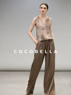 COCOBELLA Sparkling Sequin Lightweight Straight Cut V Neck Sleeveless Women Blouse Shirts