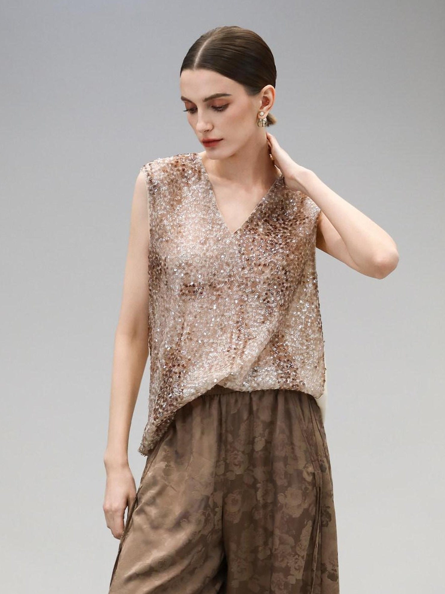 COCOBELLA Sparkling Sequin Lightweight Straight Cut V Neck Sleeveless Women Blouse Shirts
