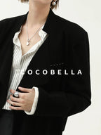COCOBELLA Streamlined Office Straight Cut Topstitched Detachable Cuffs Women Black Blazers