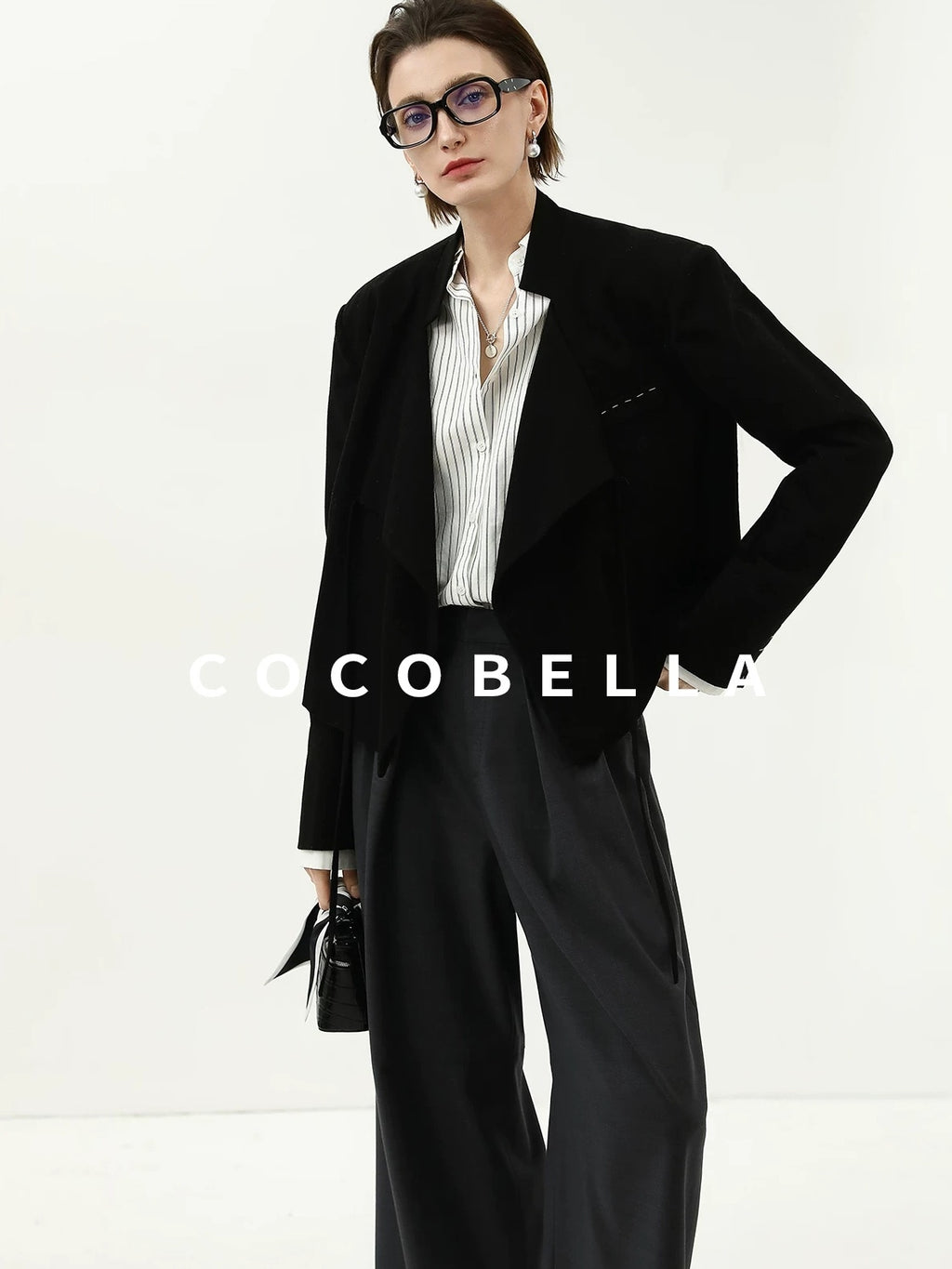 COCOBELLA Streamlined Office Straight Cut Topstitched Detachable Cuffs Women Black Blazers
