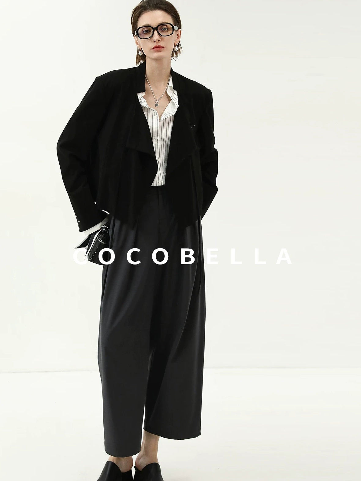 COCOBELLA Streamlined Office Straight Cut Topstitched Detachable Cuffs Women Black Blazers