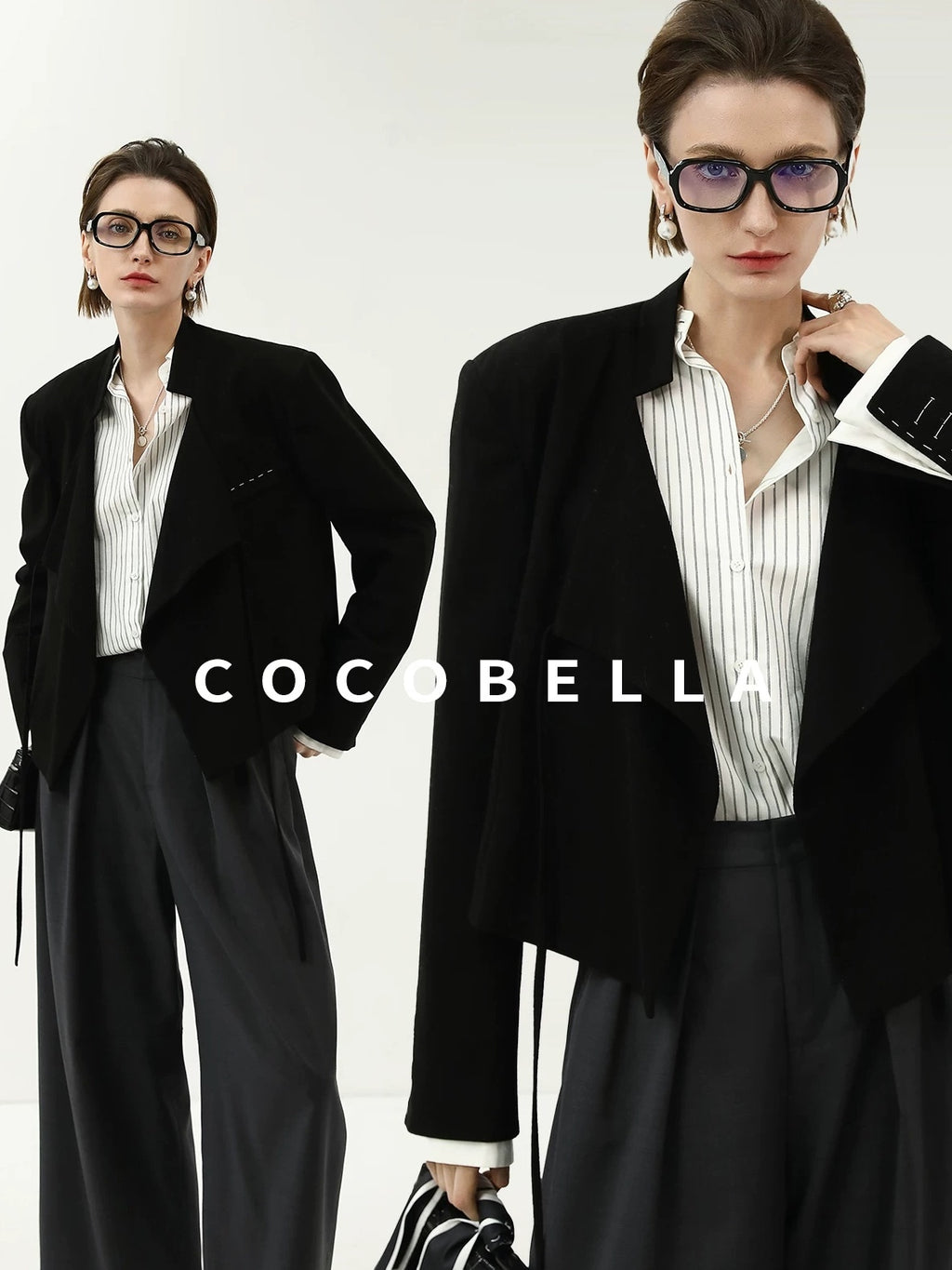 COCOBELLA Streamlined Office Straight Cut Topstitched Detachable Cuffs Women Black Blazers