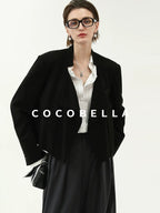 COCOBELLA Streamlined Office Straight Cut Topstitched Detachable Cuffs Women Black Blazers