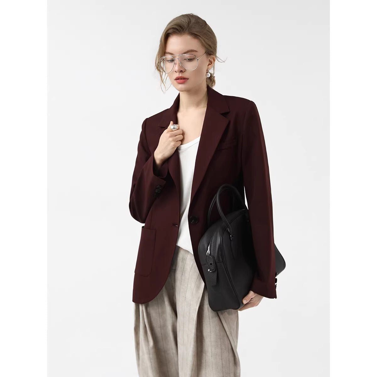 COCOBELLA_Stretch_Polyester_Single_Button_Straight_Cut_Office_Work_Women_Solid_Red_Blazers_MISSTT