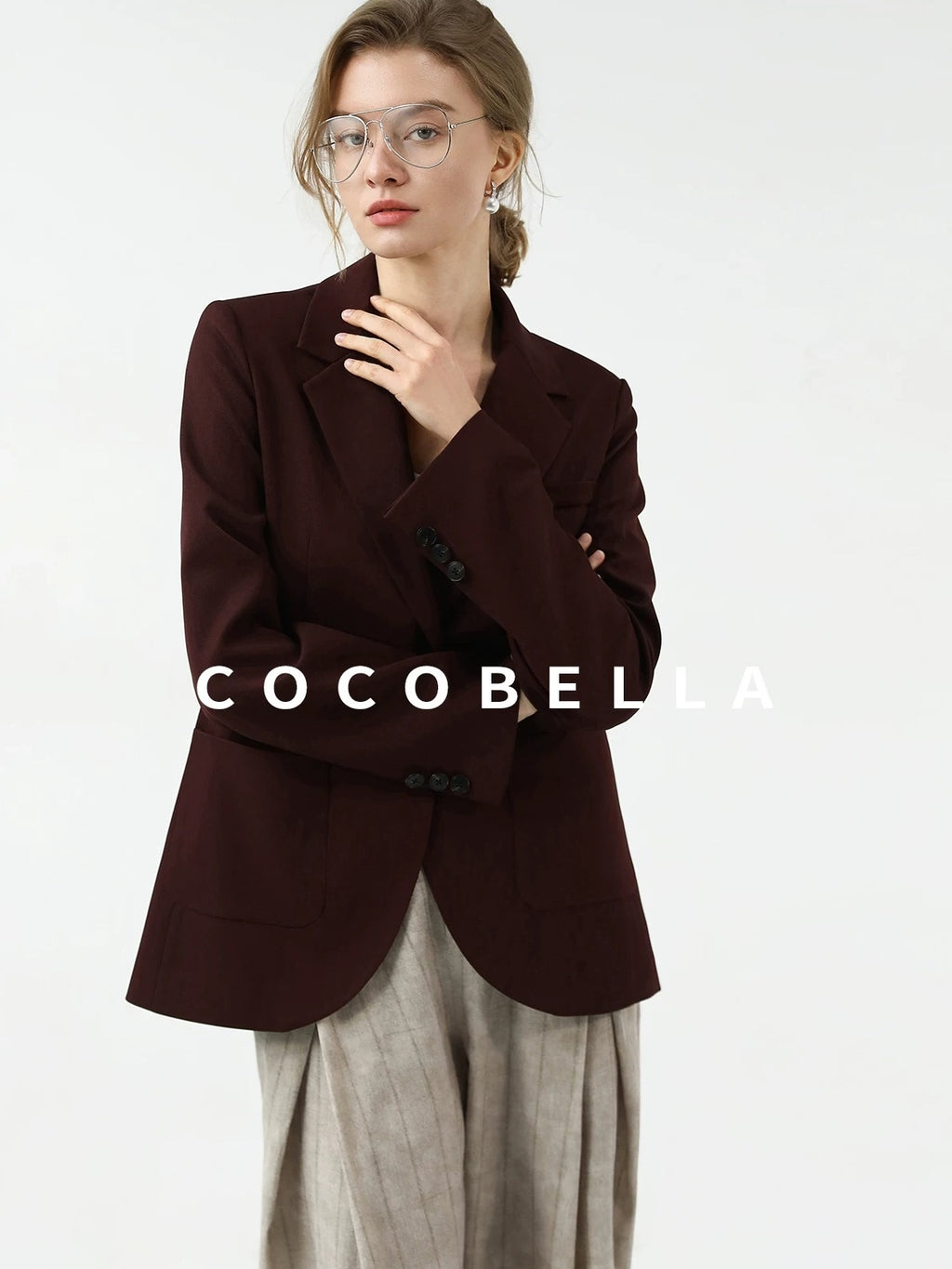 COCOBELLA Stretch Polyester Single Button Straight Cut Office Work Women Solid Red Blazers