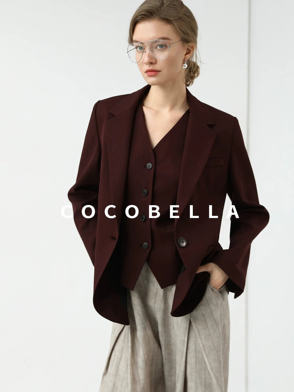 COCOBELLA Stretch Polyester Single Button Straight Cut Office Work Women Solid Red Blazers