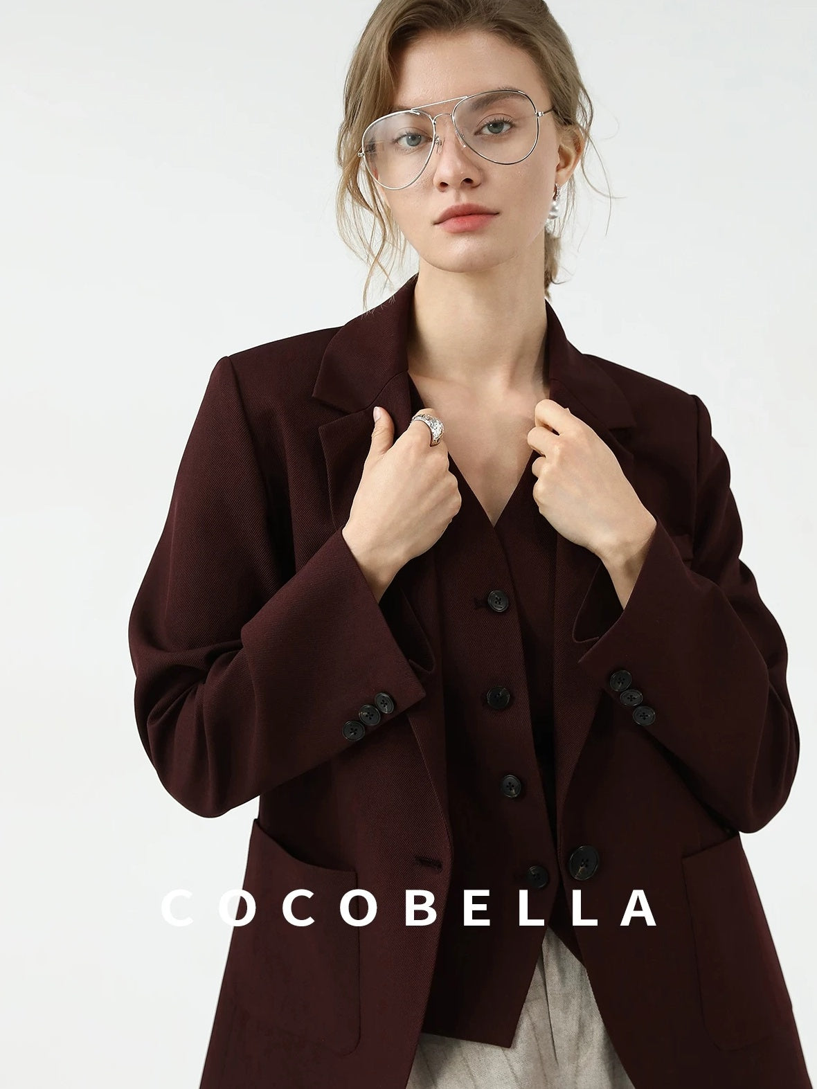 COCOBELLA Stretch Polyester Single Button Straight Cut Office Work Women Solid Red Blazers