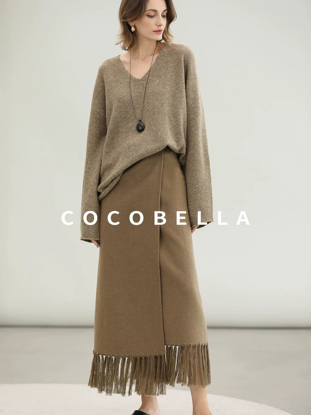 COCOBELLA Subtle Sequin Relaxed Fit V Neck Long Sleeve Women Work Knit Acrylic Sweater