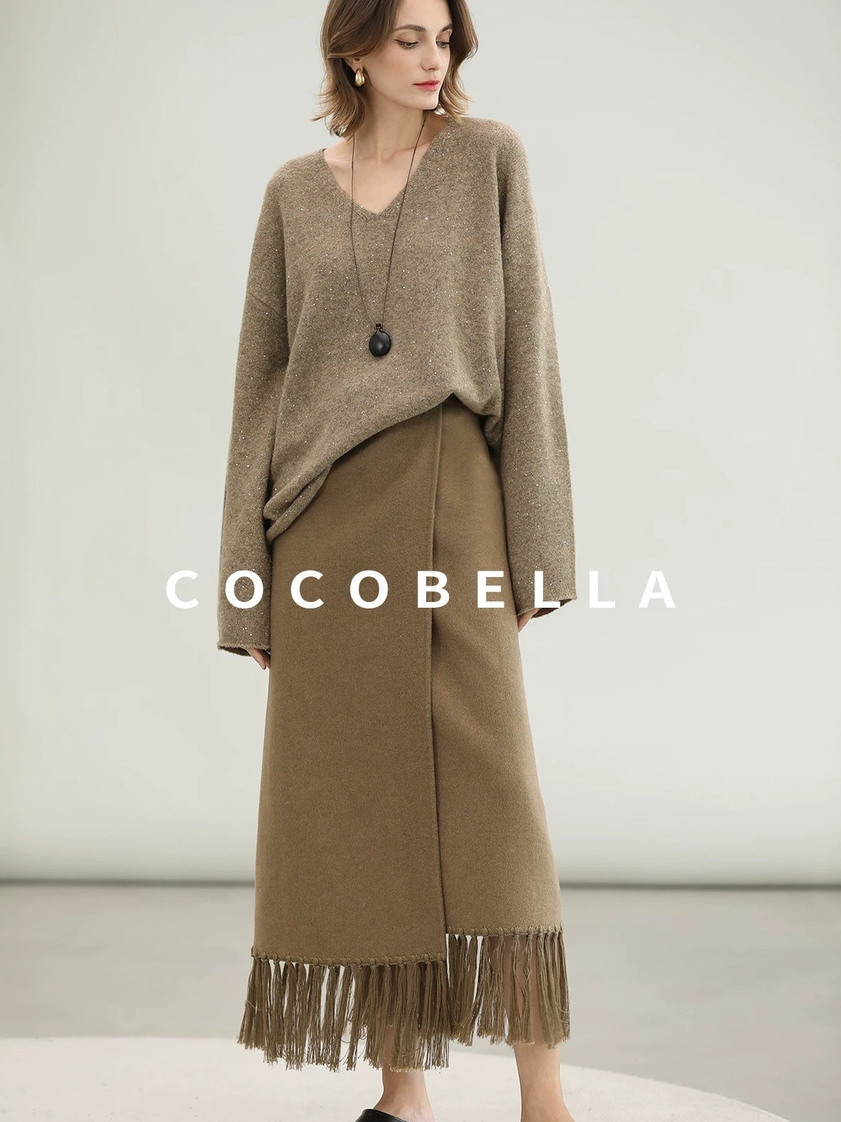 COCOBELLA Subtle Sequin Relaxed Fit V Neck Long Sleeve Women Work Knit Acrylic Sweater