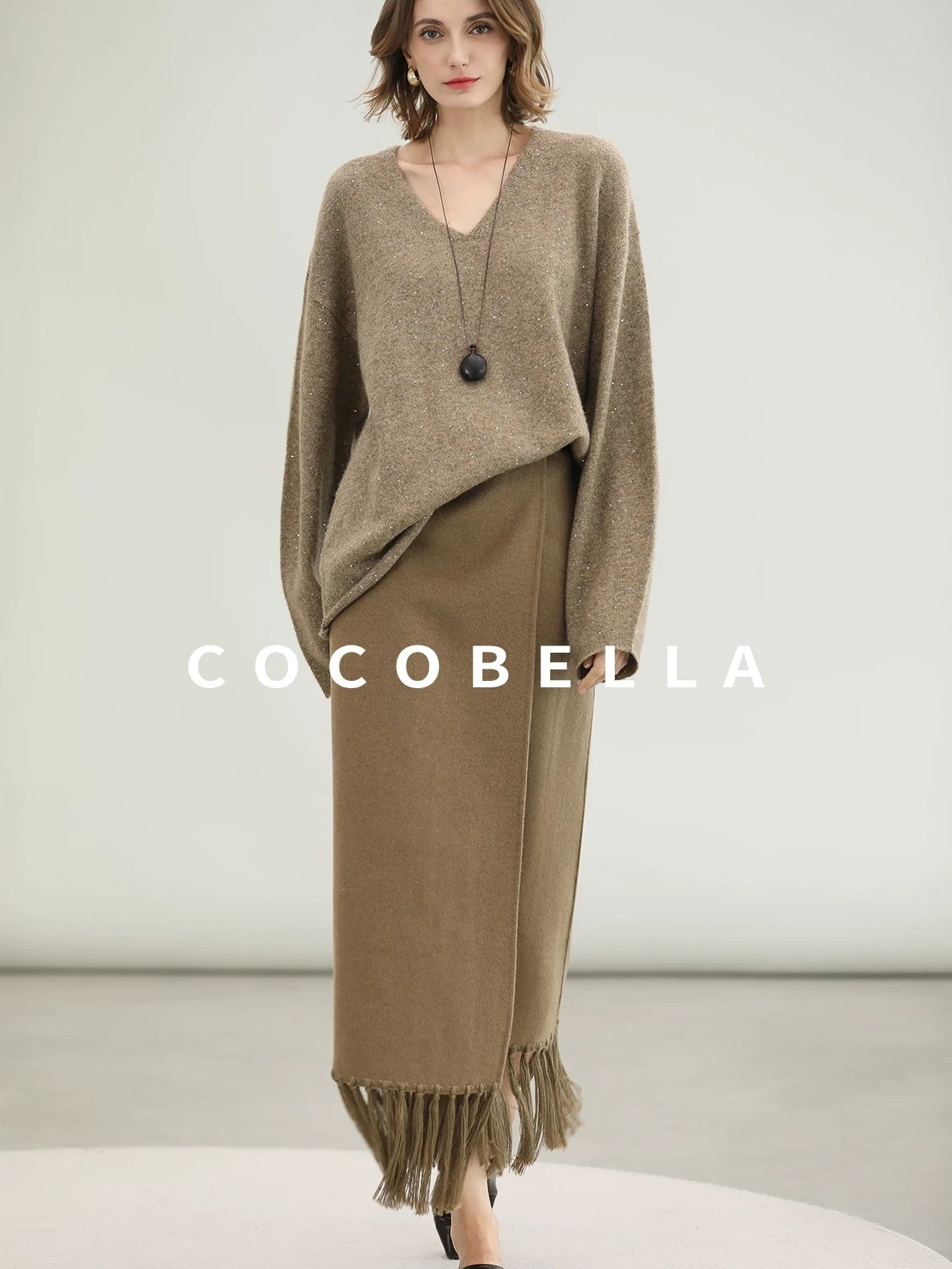 COCOBELLA Subtle Sequin Relaxed Fit V Neck Long Sleeve Women Work Knit Acrylic Sweater