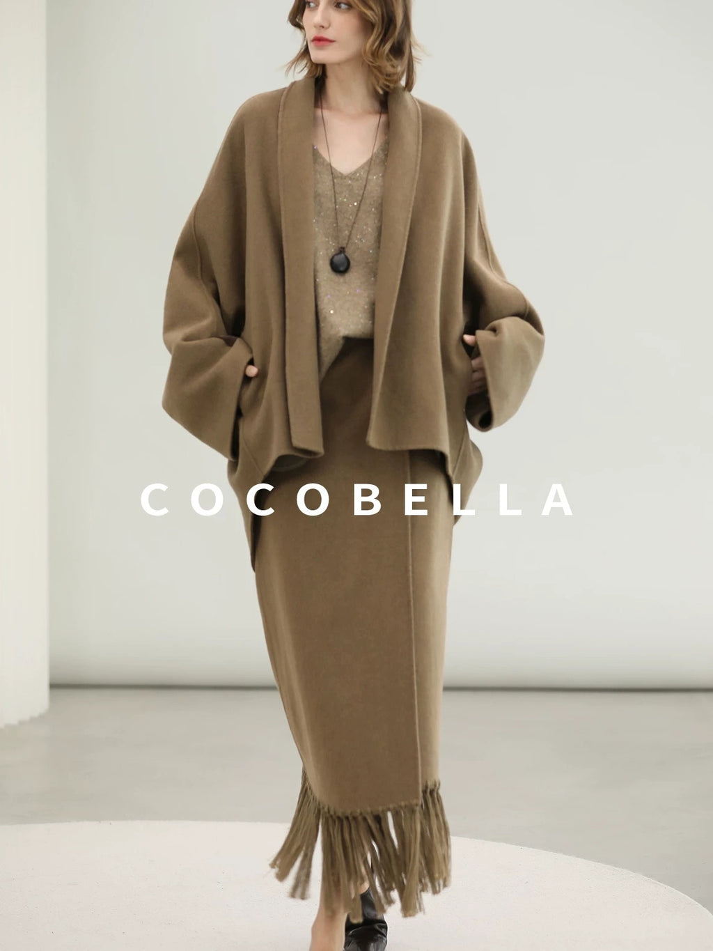 COCOBELLA Subtle Sequin Relaxed Fit V Neck Long Sleeve Women Work Knit Acrylic Sweater