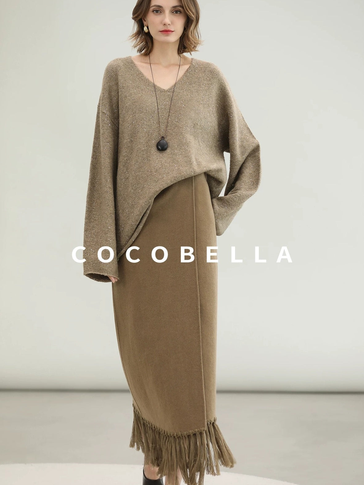 COCOBELLA Subtle Sequin Relaxed Fit V Neck Long Sleeve Women Work Knit Acrylic Sweater