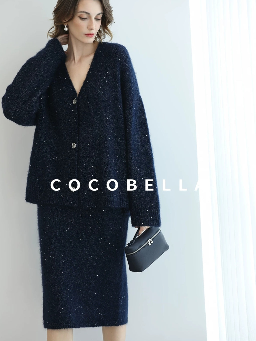 COCOBELLA Subtle Shimmer Commuting Straight Knit Midi Side Slit Mid Waist Women Skirts