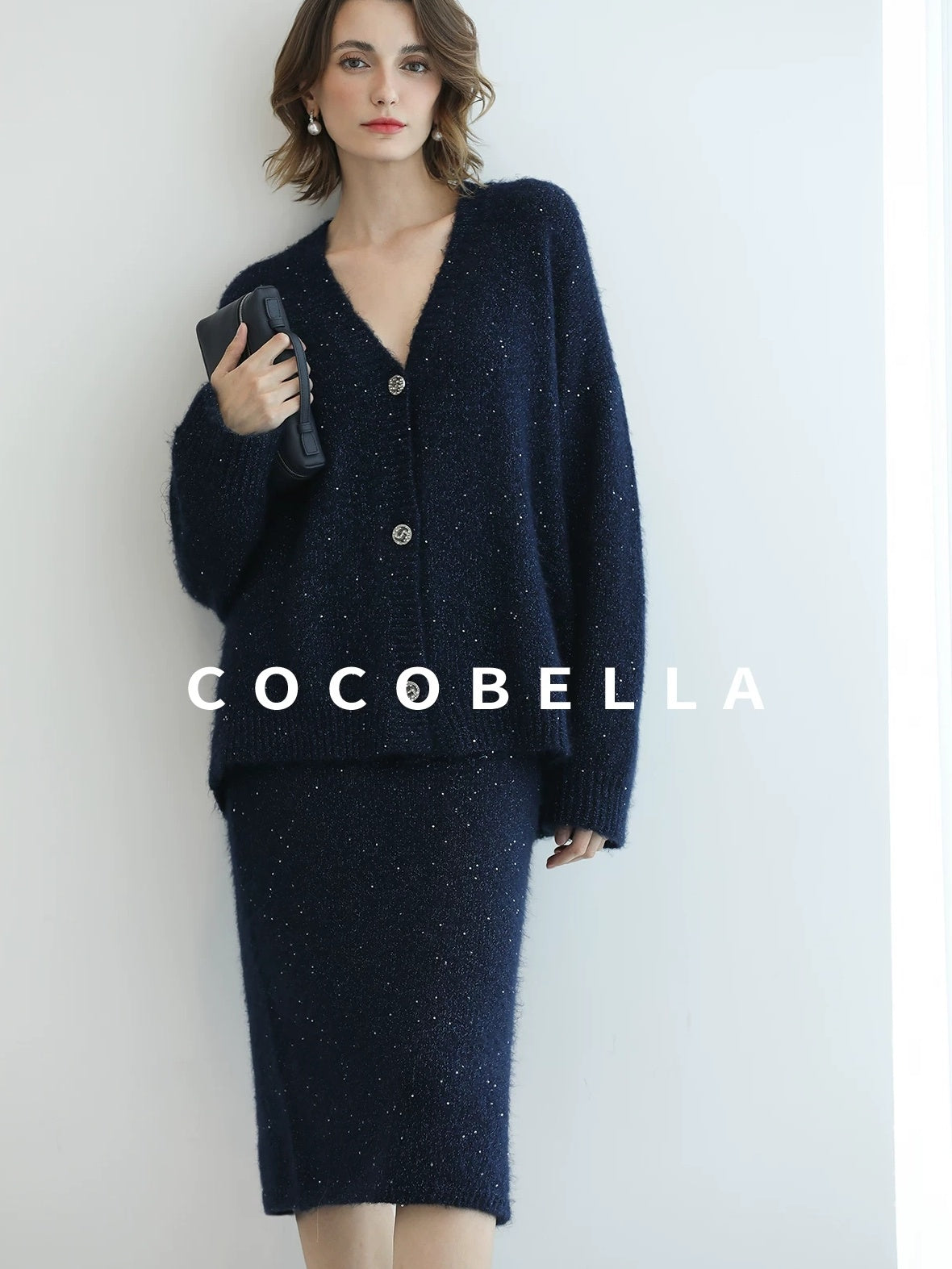 COCOBELLA Subtle Shimmer Commuting Straight Knit Midi Side Slit Mid Waist Women Skirts