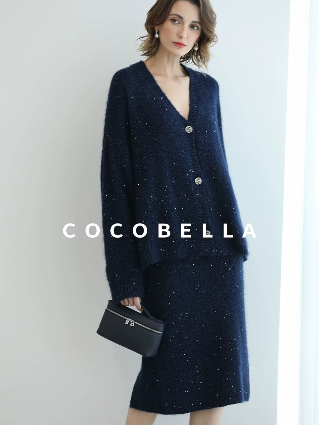 COCOBELLA Subtle Shimmer Commuting Straight Knit Midi Side Slit Mid Waist Women Skirts