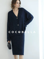COCOBELLA Subtle Shimmer Commuting Straight Knit Midi Side Slit Mid Waist Women Skirts