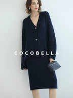 COCOBELLA Subtle Shimmer Commuting Straight Knit Midi Side Slit Mid Waist Women Skirts