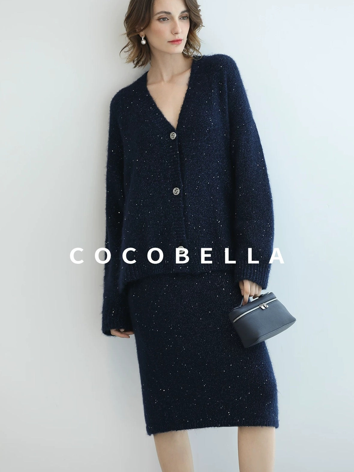 COCOBELLA Subtle Shimmer Commuting Straight Knit Midi Side Slit Mid Waist Women Skirts